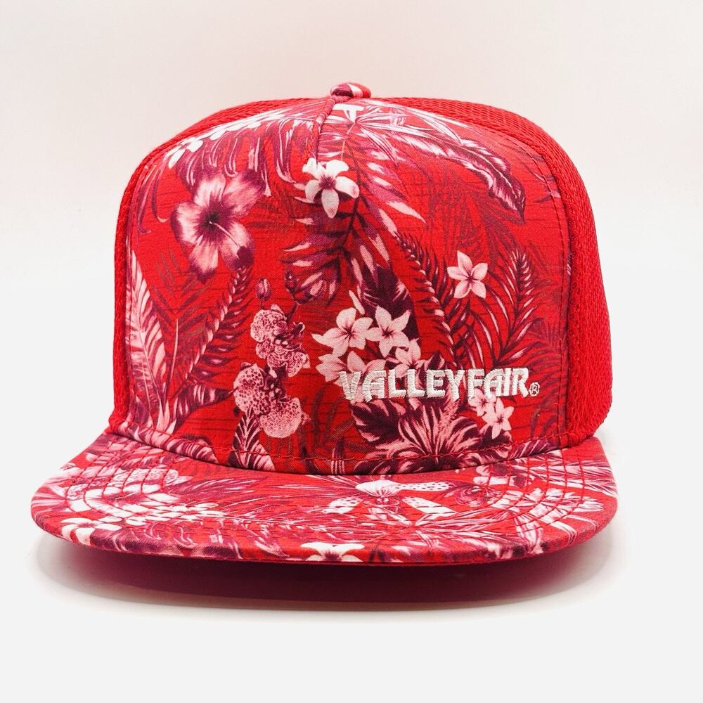 Valley Fair Snapback Hat Red Floral Print Mesh Back Amusement Park Six Flags